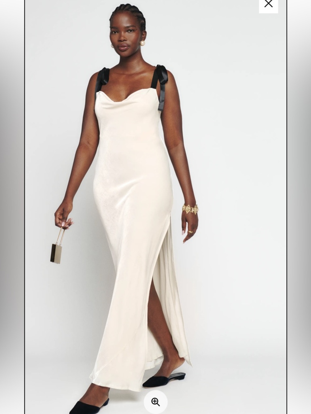 Reformation Cream Maxi Velvet Dress w/ Black Ribbon Shoulder Ties, Size XL, NWT